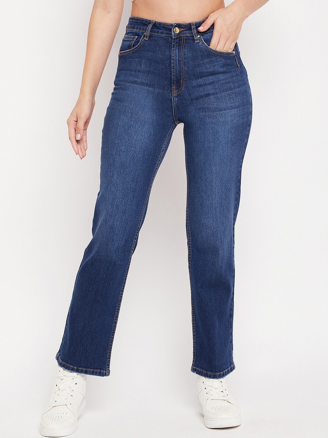 

Madame Women Navy Blue Straight Fit High-Rise Light Fade Jeans