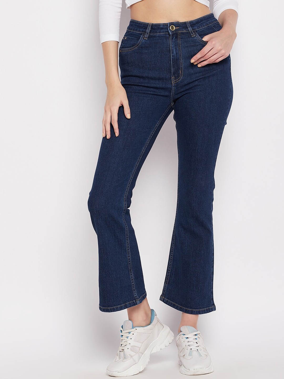 

Madame Women Navy Blue Flared High-Rise Jeans