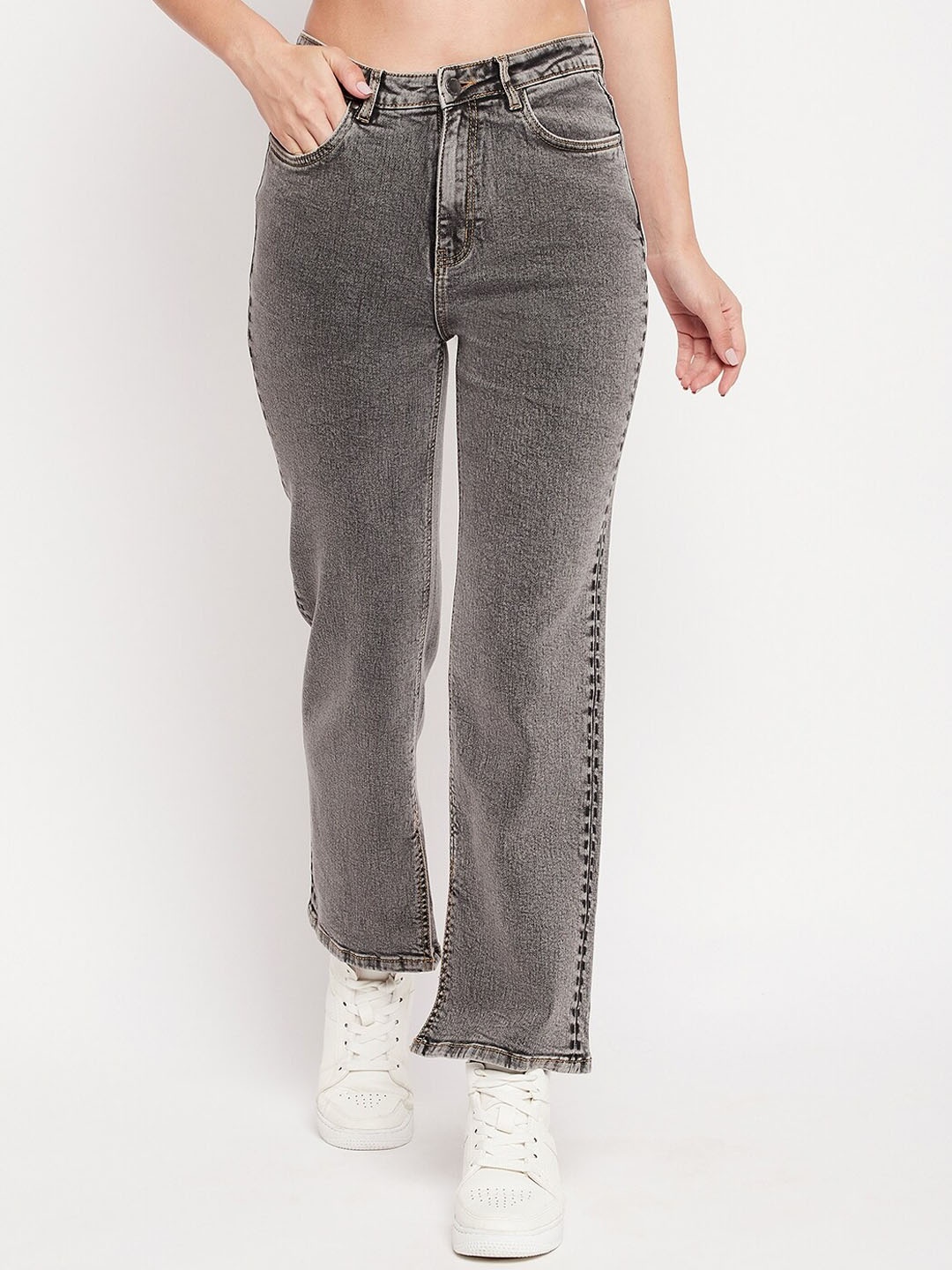 

Madame Women Grey Straight Fit High-Rise Heavy Fade Jeans