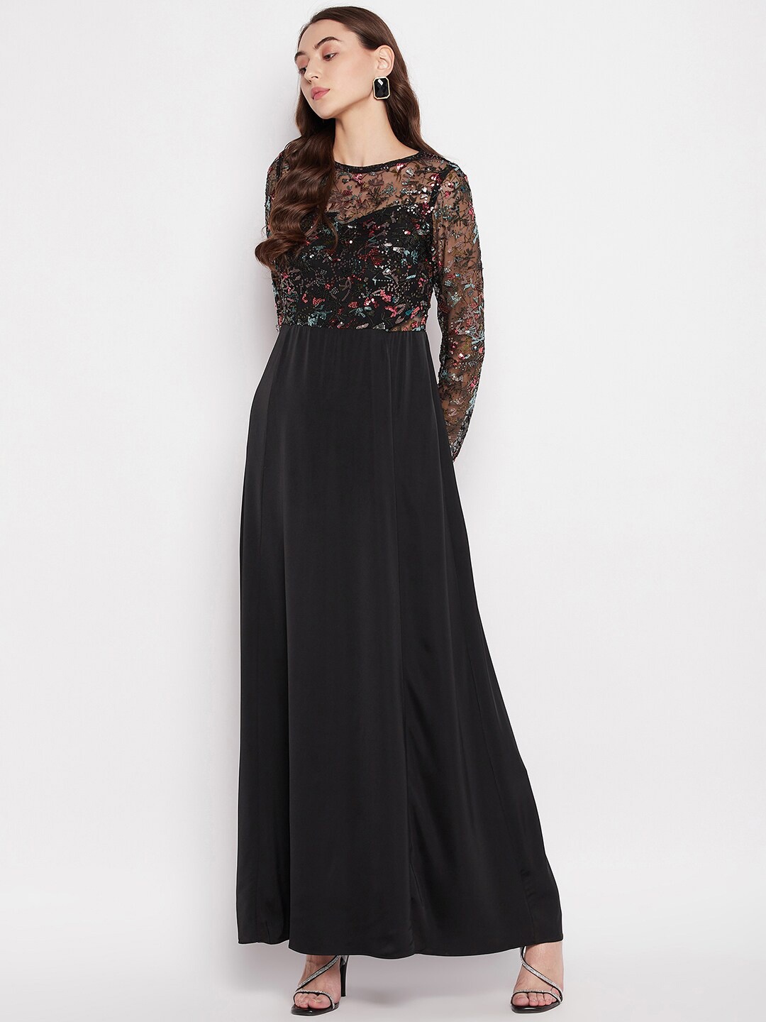 

Madame Self Design Round Neck Maxi Dress, Black