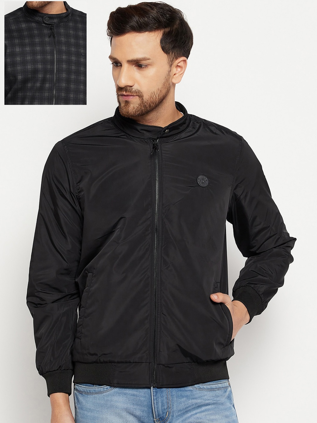 

Okane Men Grey Checked Reversible Bomber Jacket