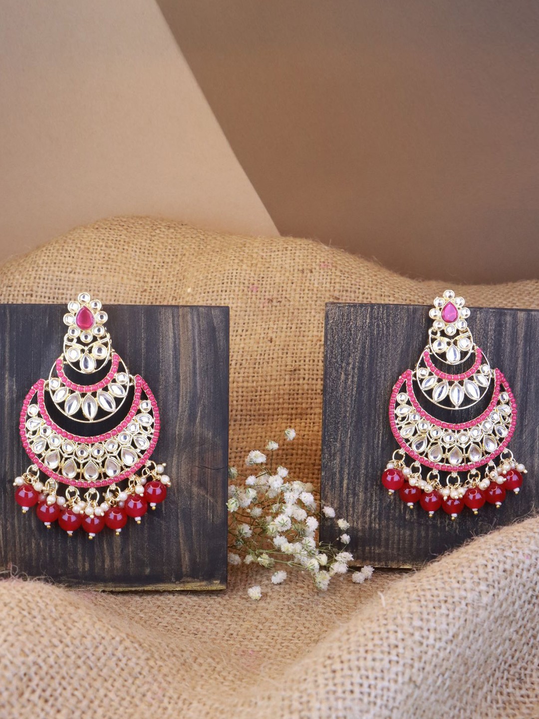 

I Jewels Pink & White Gold-Plated Kundan Contemporary Chandbalis Earrings