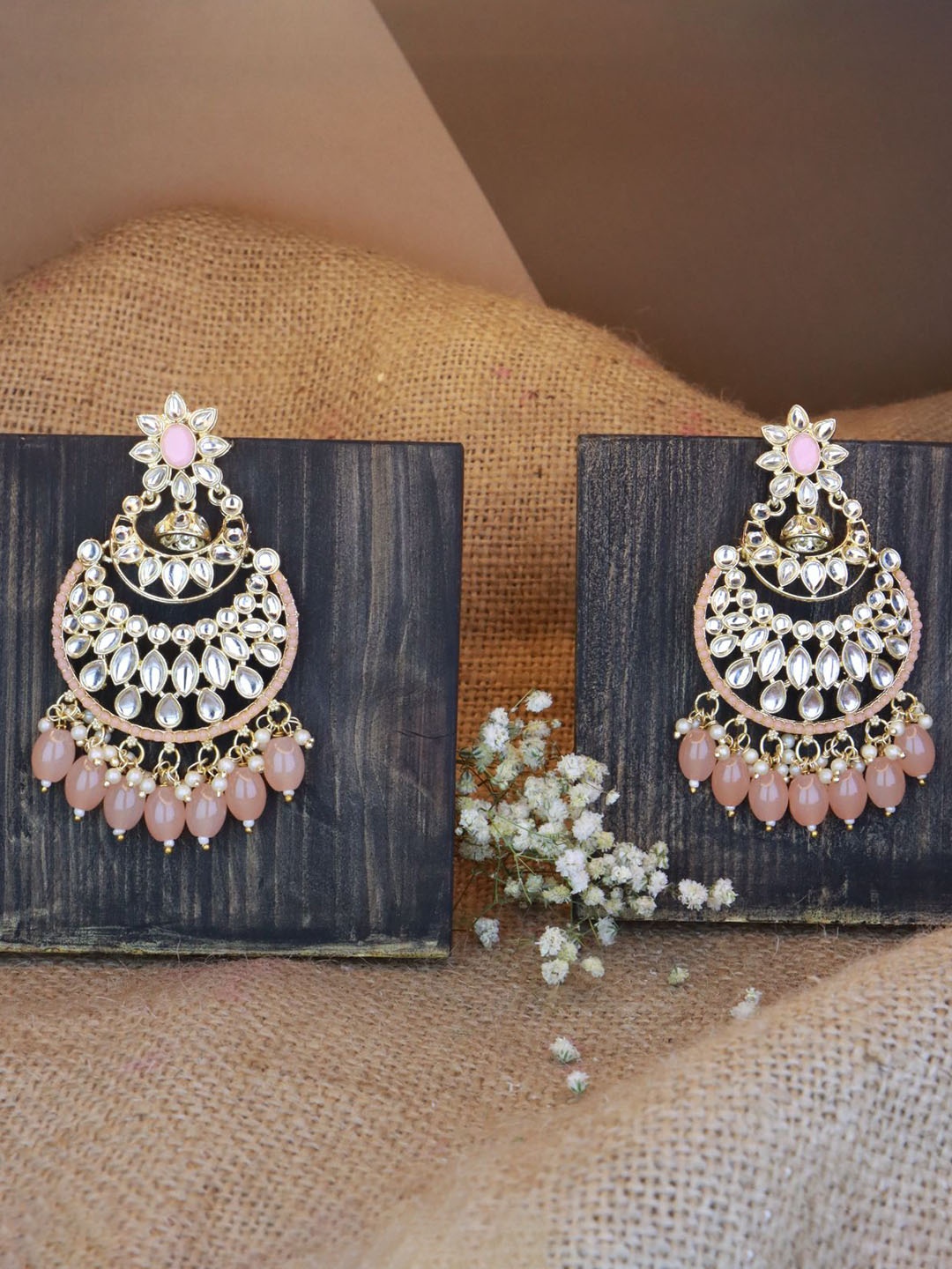

I Jewels Peach & White Gold-Plated Kundan Contemporary Chandbalis Earrings