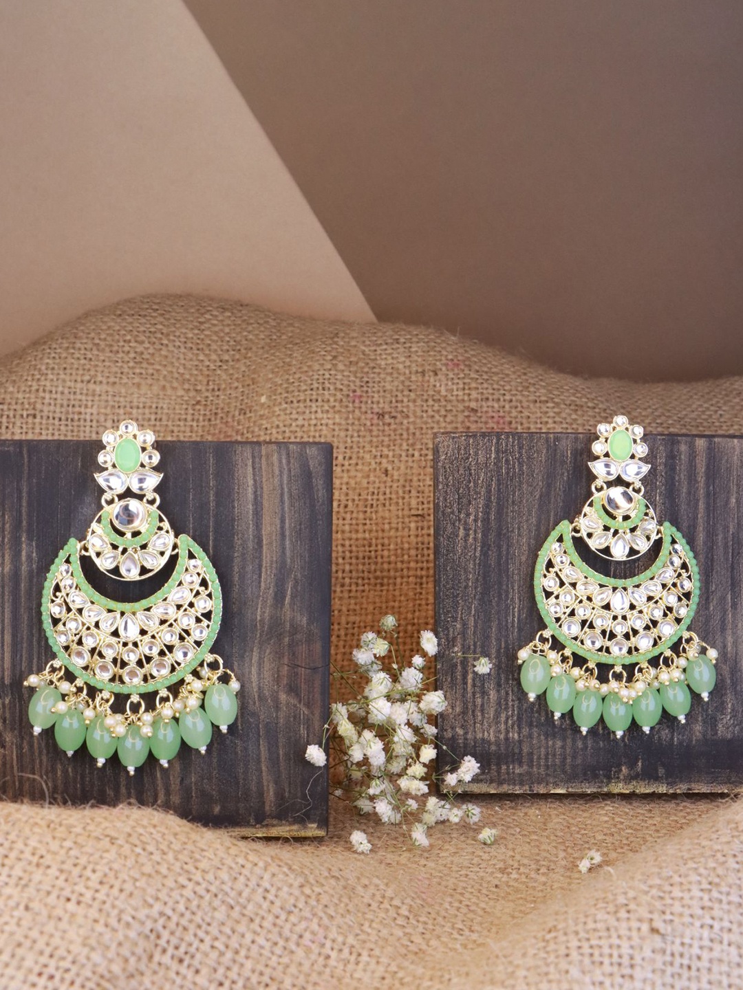 

I Jewels Green Contemporary Beaded Chandbalis Earrings