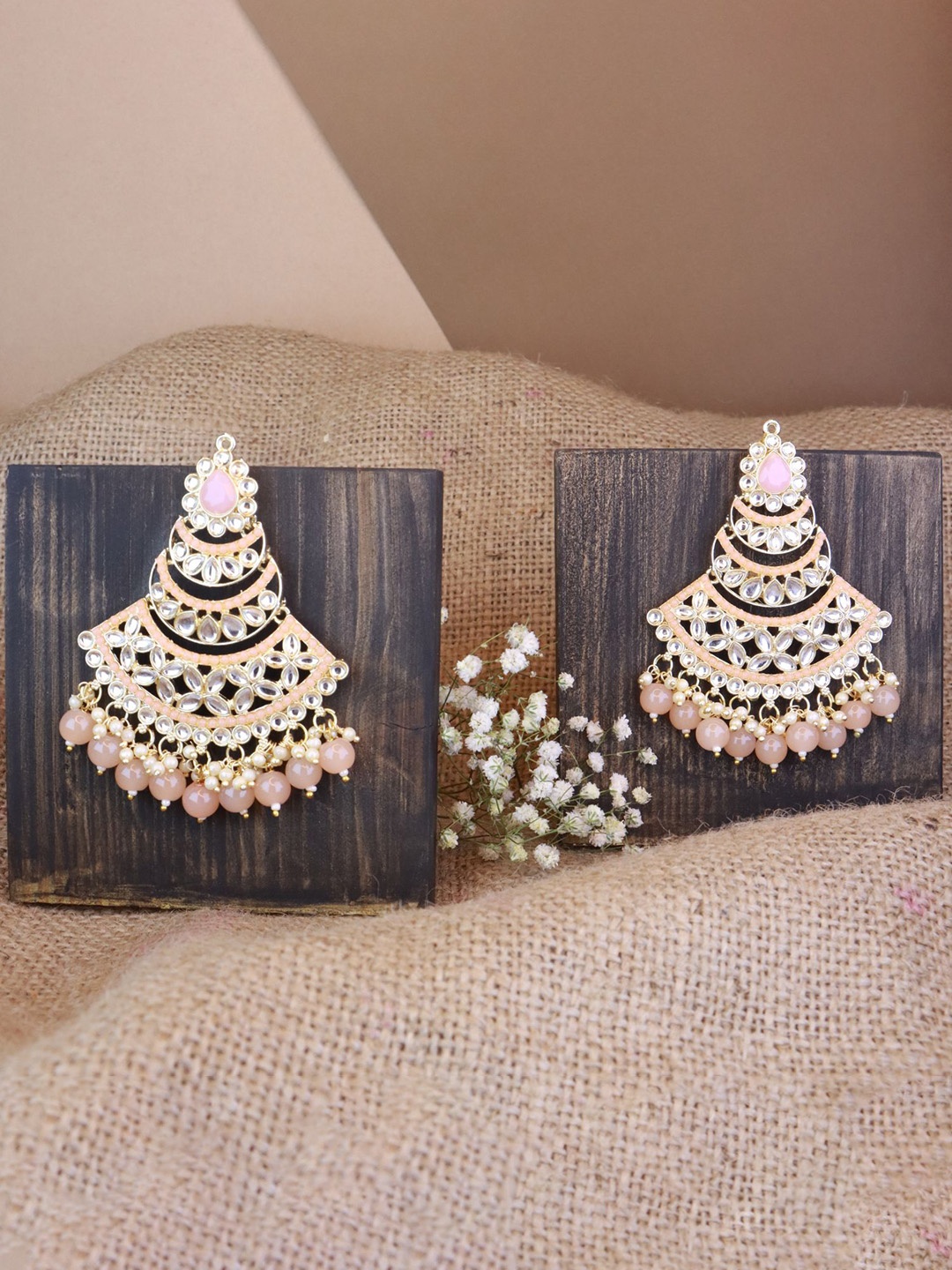 

I Jewels Peach-Coloured Contemporary Pearl Kundan Beaded Drop Earrings