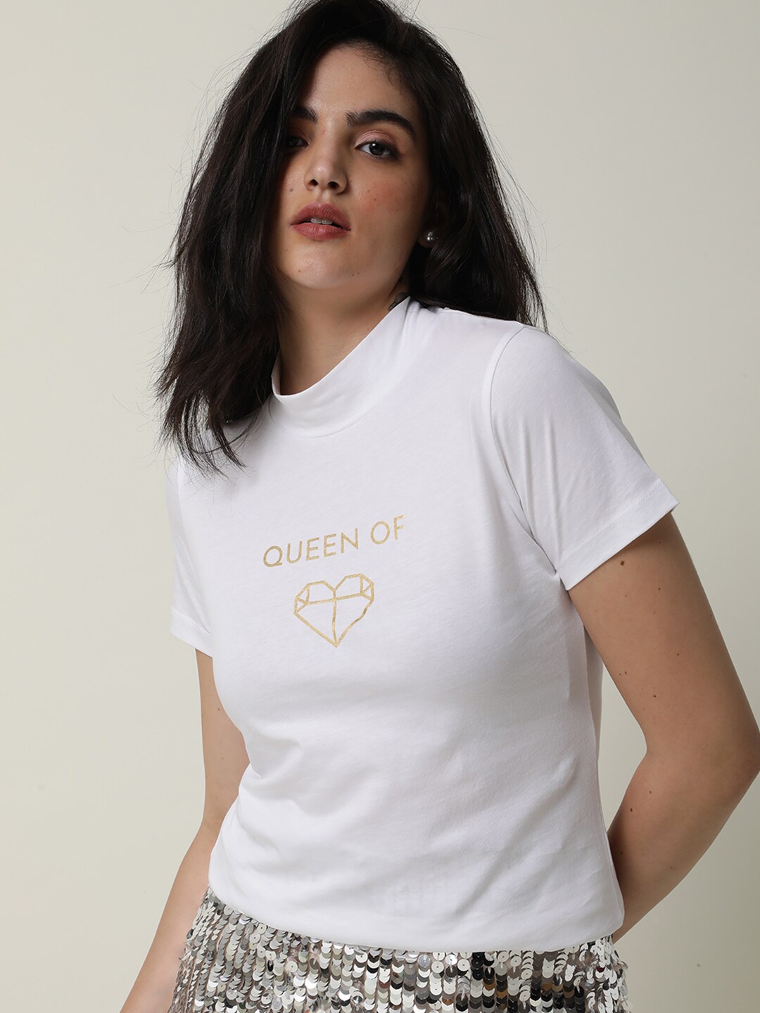 

RAREISM Women White Typography Printed High Neck Slim Fit Cotton T-shirt