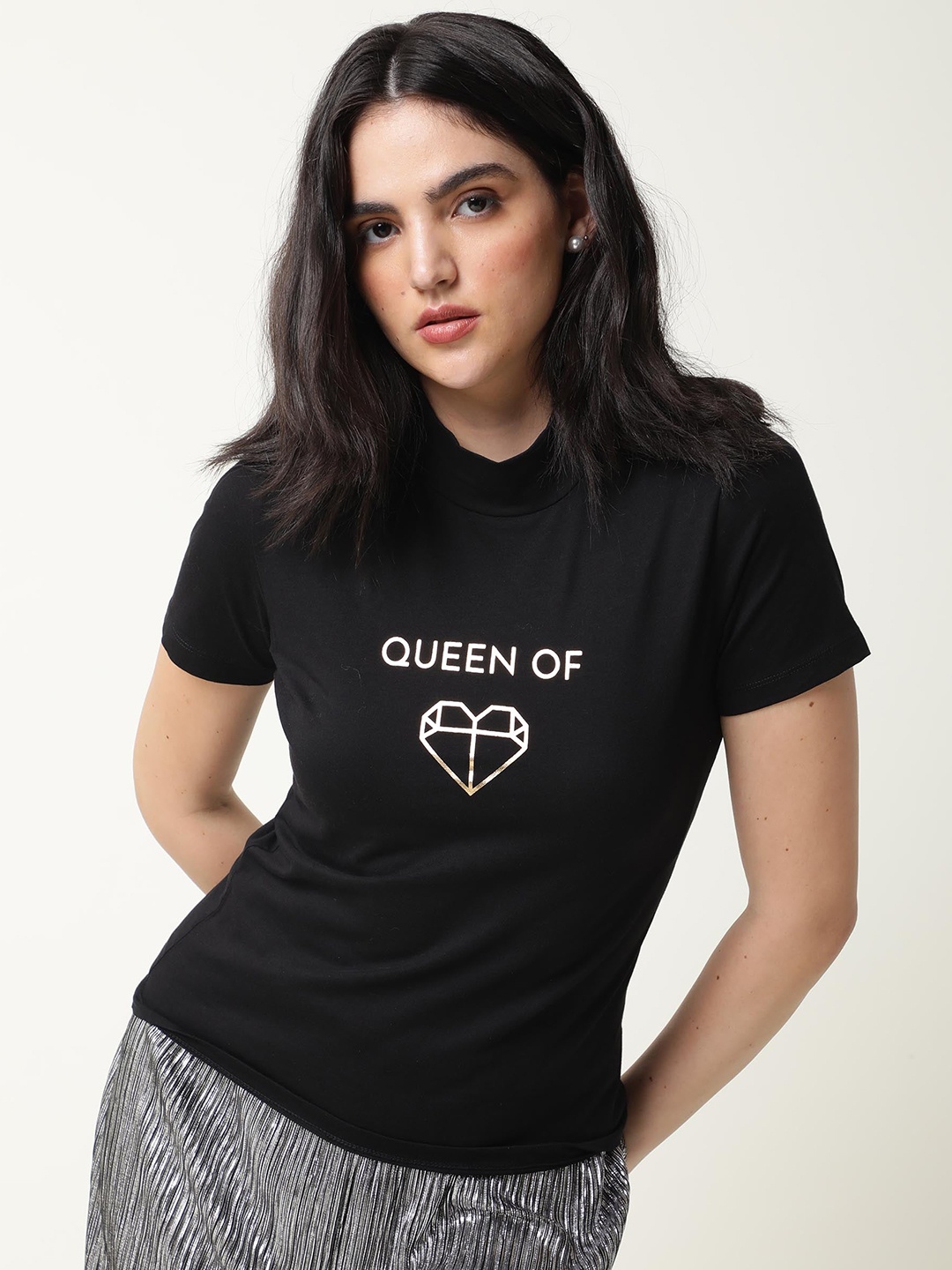 

RAREISM Women Black Typography Printed High Neck Slim Fit T-shirt