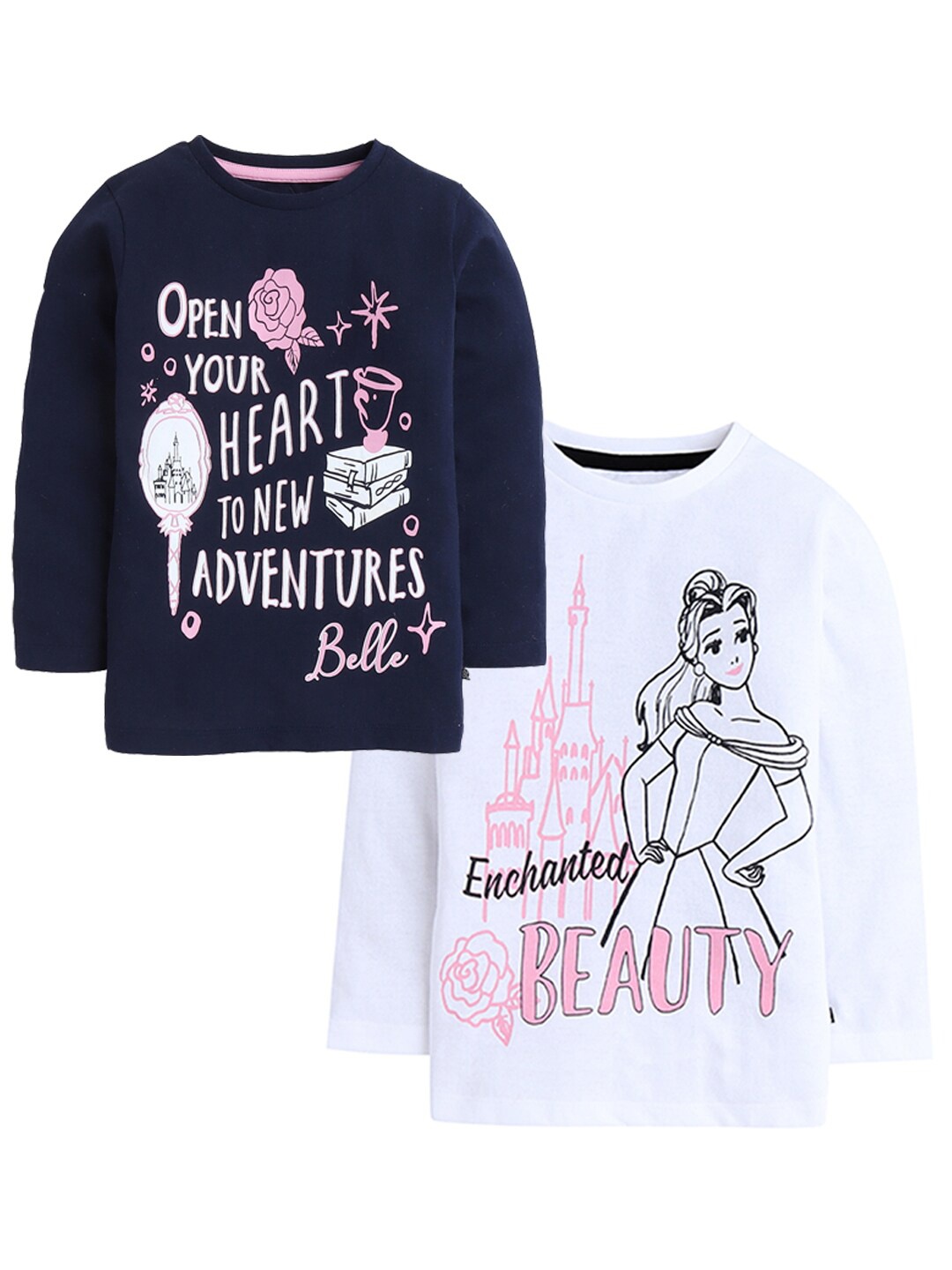 

KINSEY Girls Pack Of 2 Disney Princess Printed Cotton T-shirt, Navy blue