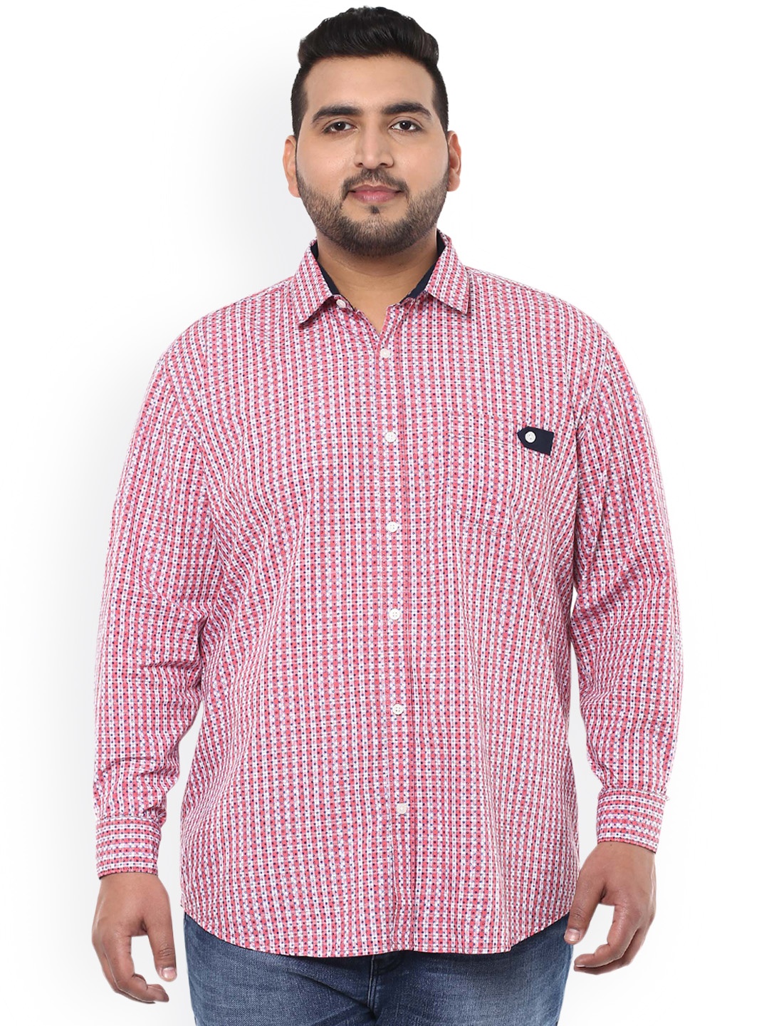 

John Pride Plus Size Men Pink Off-White Smart Fit Checked Casual Shirt