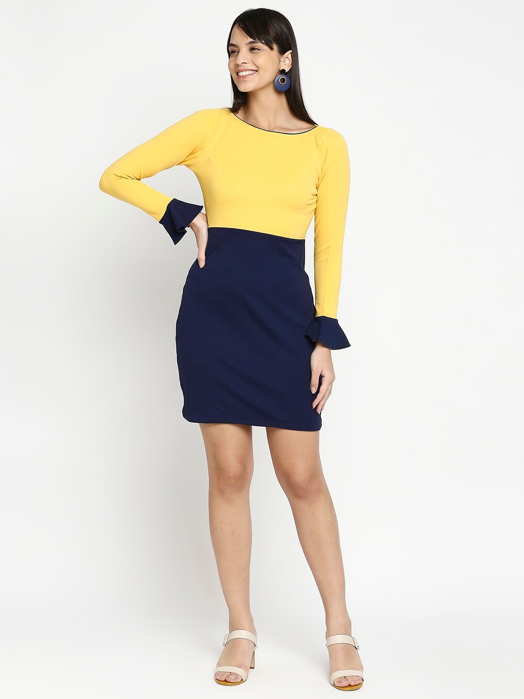 

PEACH & PANDA Women Yellow & Navy Blue Colourblocked Sheath Dress