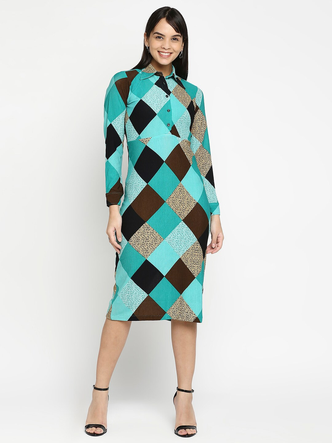

PEACH & PANDA Women Teal & Brown Checked Back Slit A-Line Midi Dress