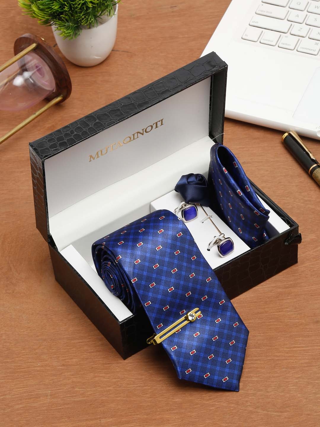 MUTAQINOTI Men Thin Checked Necktie Accessory Gift Set, Blue