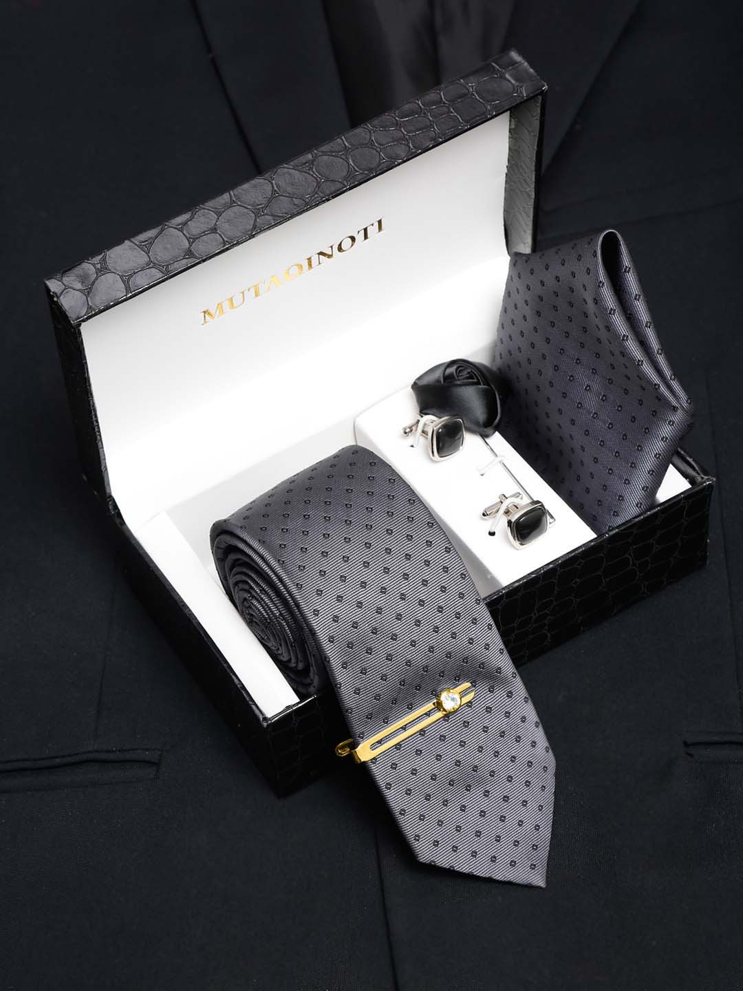 

MUTAQINOTI Men Dotted Silk Necktie Accessory Gift Set, Grey