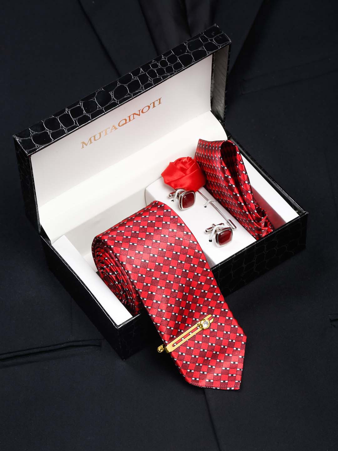 

MUTAQINOTI Men Checked Formal Accessory Gift set, Red