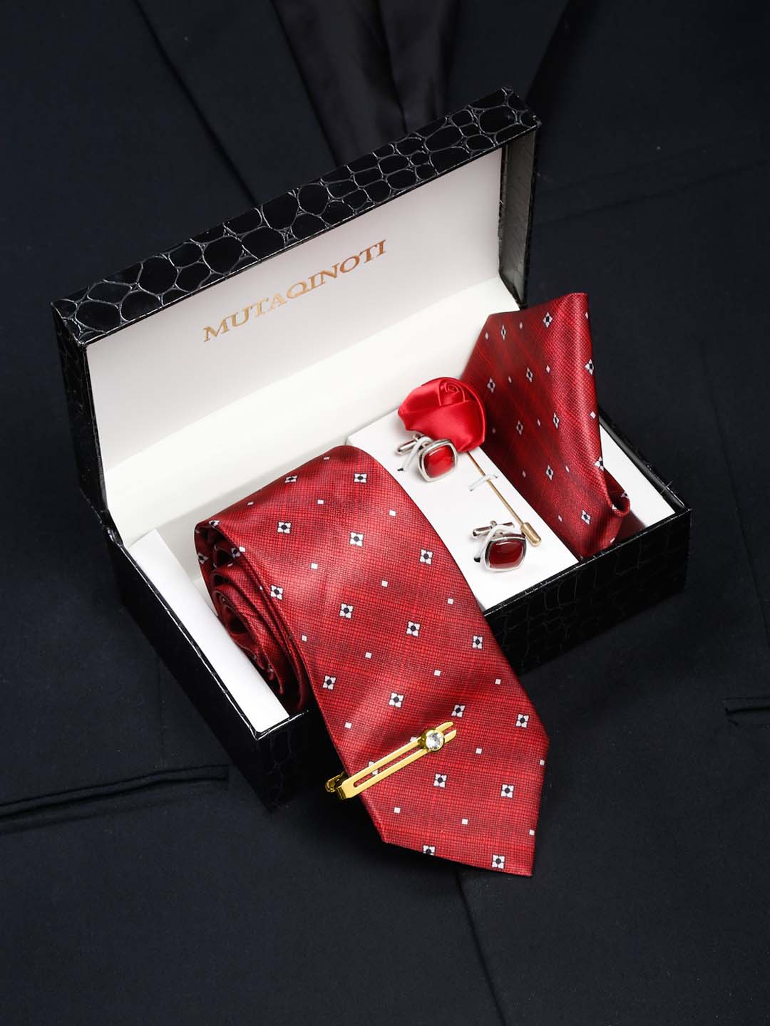 MUTAQINOTI Men Printed Silk Blend Necktie Accessory Gift Set, Red