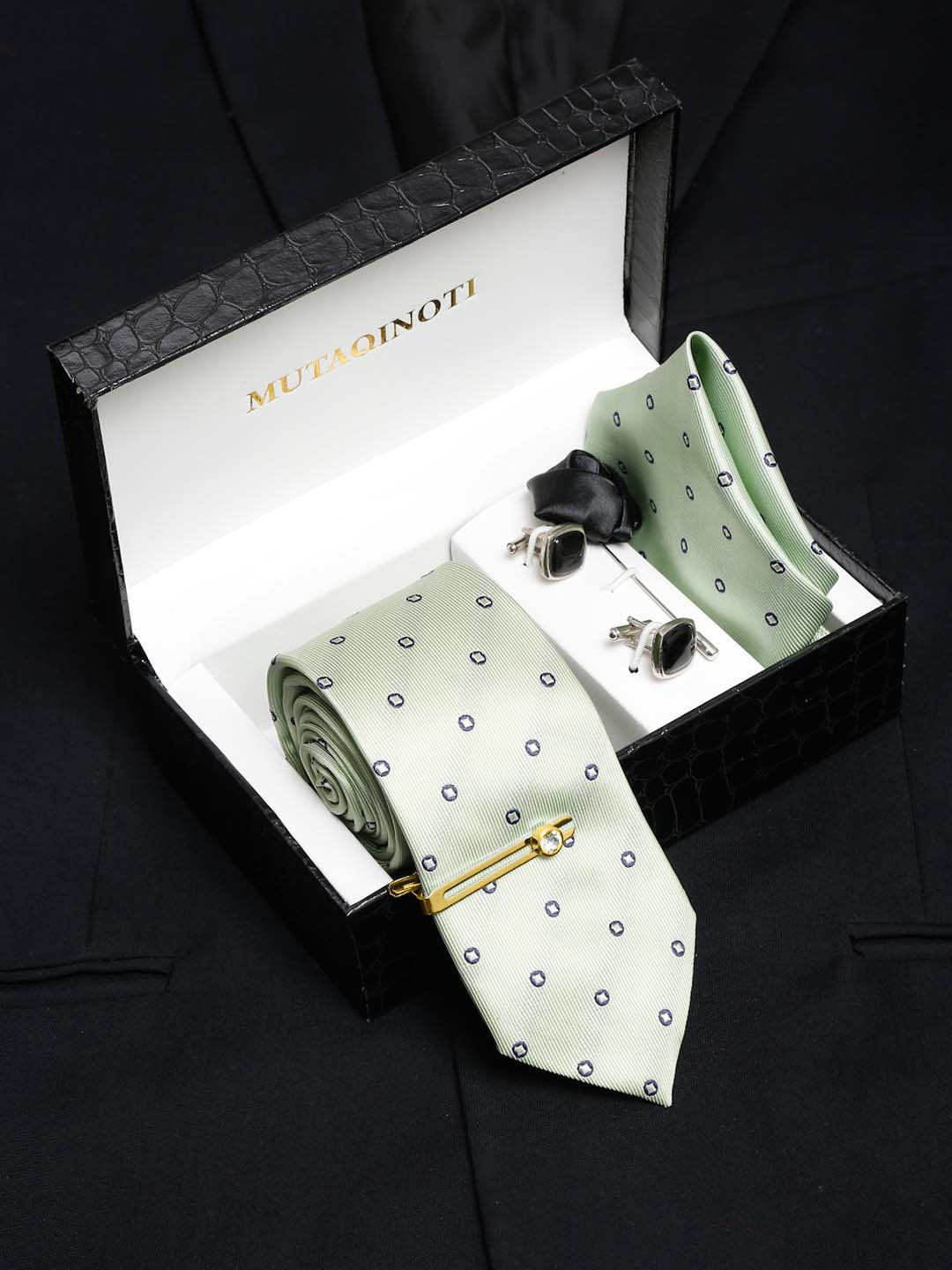 

MUTAQINOTI Men Green Printed Silk Formal Accessory Gift Set