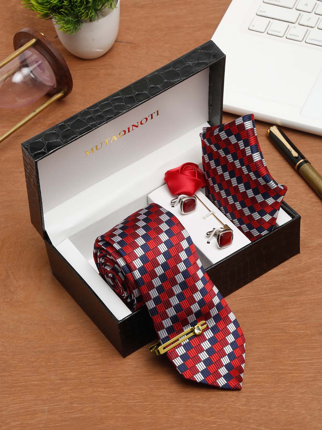 

MUTAQINOTI Men Checked Silk Formal Accessory Gift Set, Red