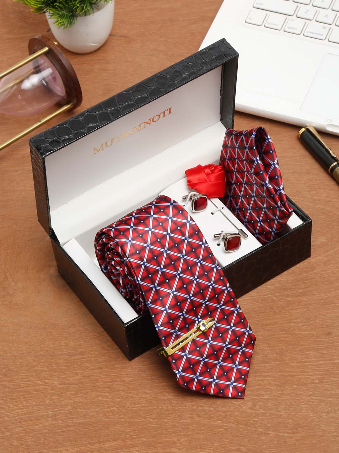 MUTAQINOTI Men Geometric Woven Design Formal Accessory Gift Set, Red