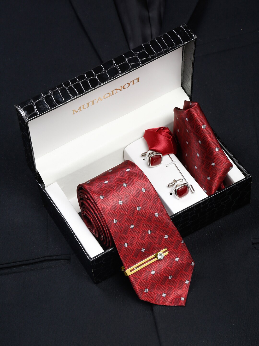 

MUTAQINOTI Men Silk Blend Necktie Accessory Gift Set, Red