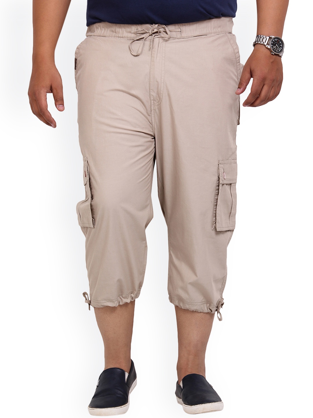 

John Pride Plus Size Men Beige Solid Slim Fit 3/4th Cargo Shorts