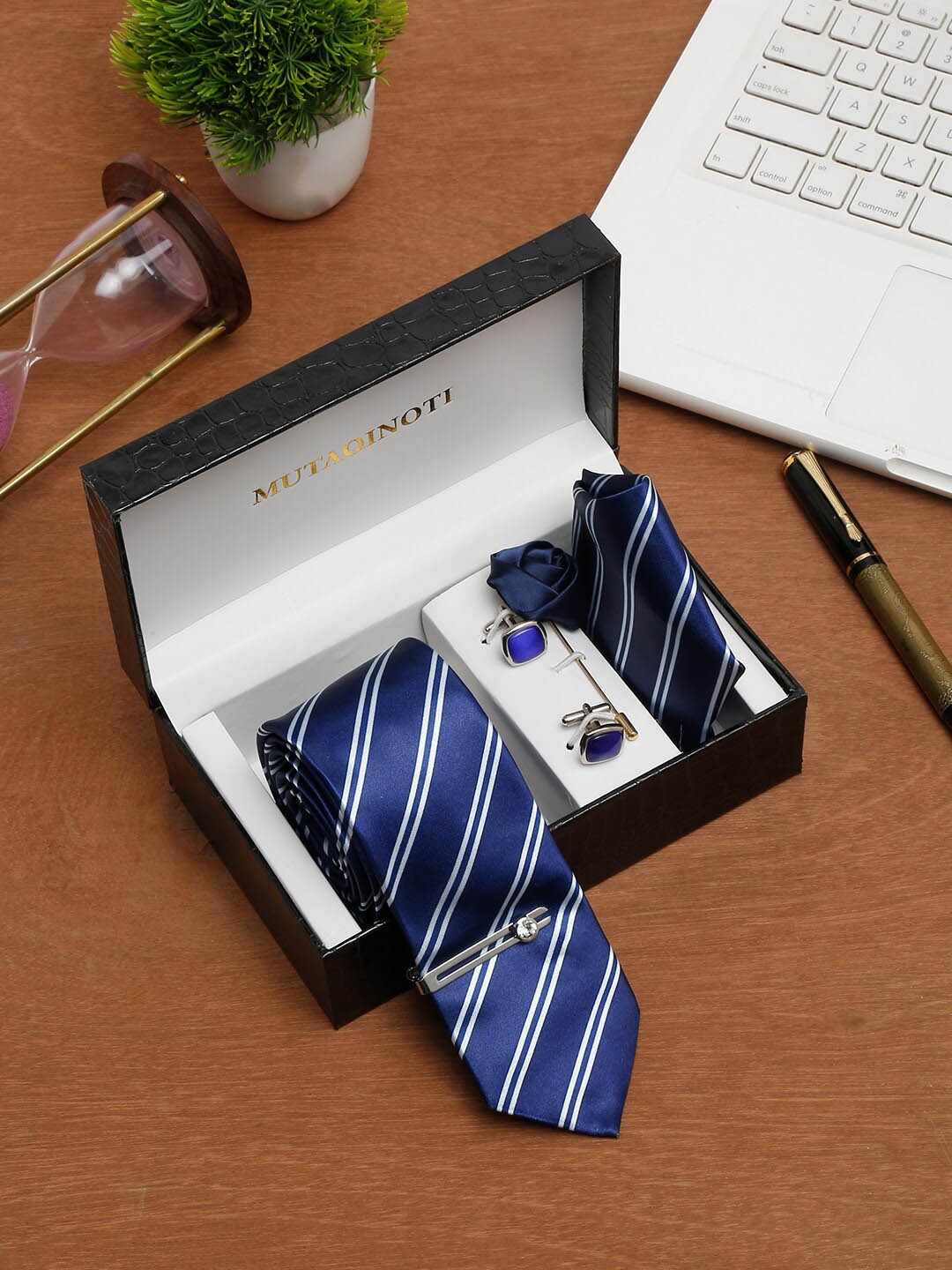 

MUTAQINOTI Men Striped Necktie Accessory Gift Set, Blue