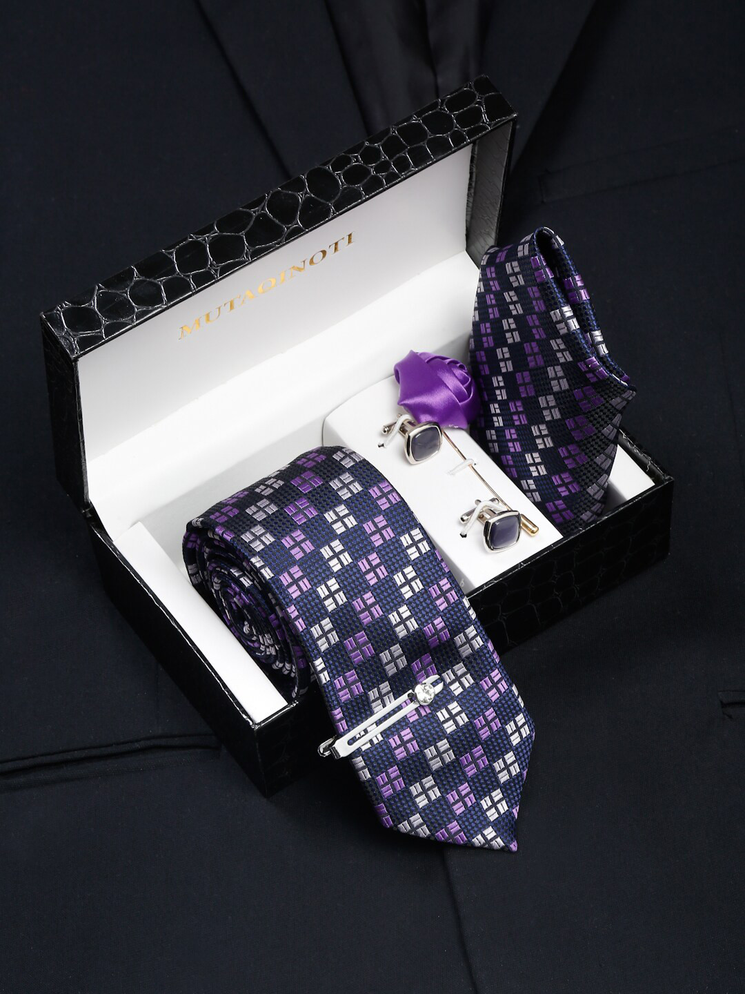 

MUTAQINOTI Men Checked Silk Formal Accessory Gift Set, Purple