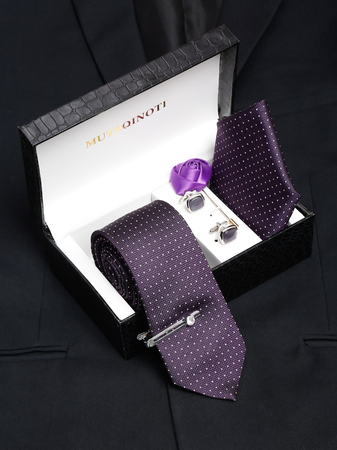 

MUTAQINOTI Men Purple Printed Polyester Formal Accessory Gift Set