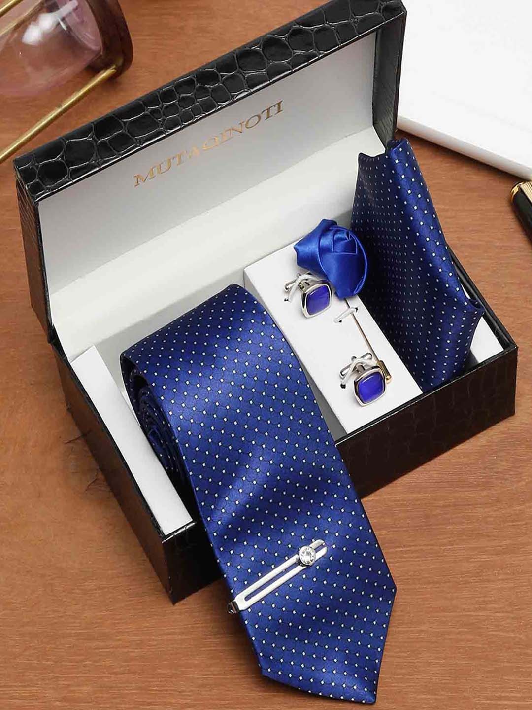 

MUTAQINOTI Men Checked & Geometric Print Silk Blend Necktie Accessory Gift Set, Blue