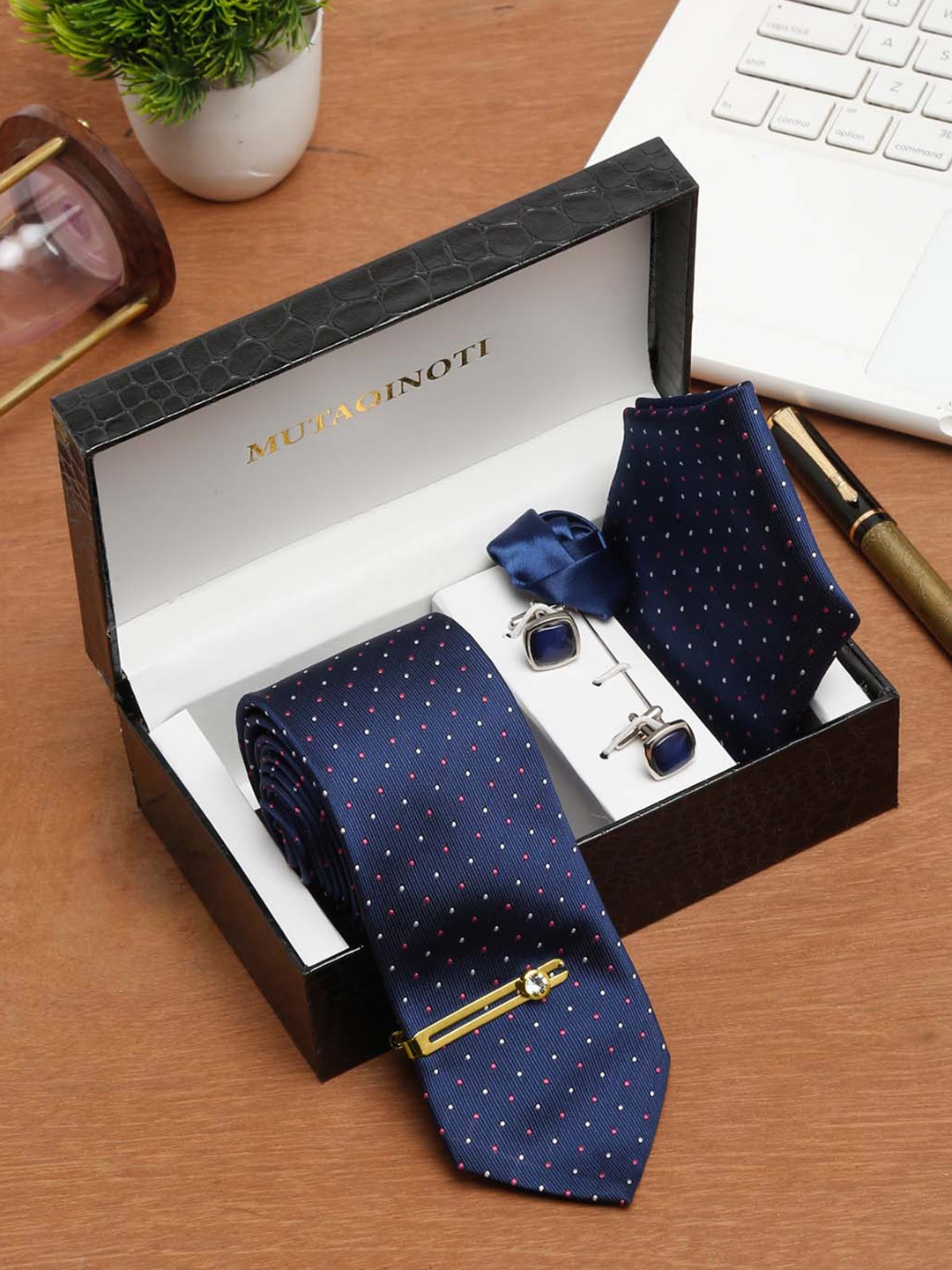 

MUTAQINOTI Men Dotted Pattern Silk Formal Accessory Gift Set, Blue