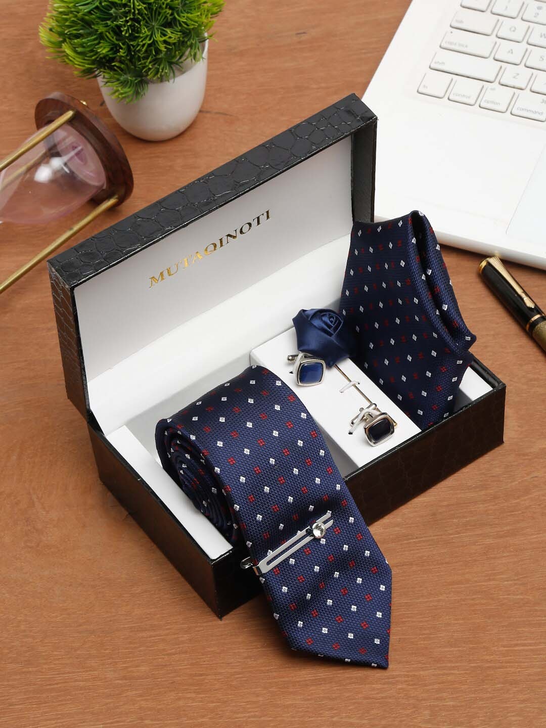 

MUTAQINOTI Men Multi Checked Silk Necktie Accessory Gift Set, Blue