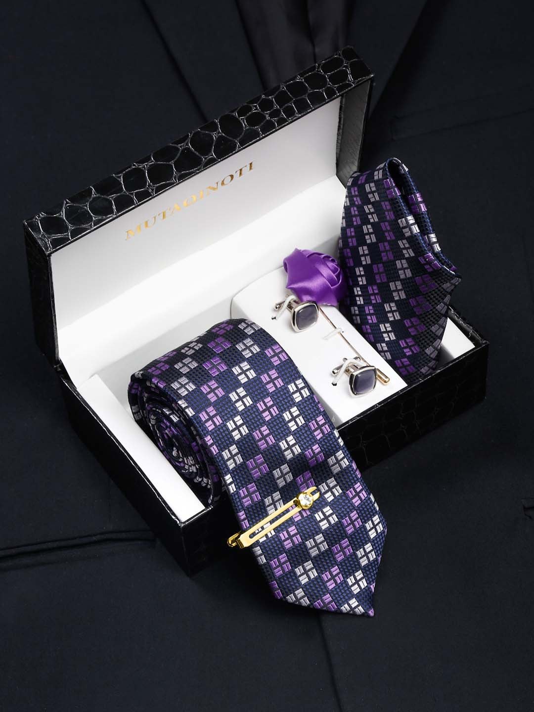 

MUTAQINOTI Men Checked Silk Necktie Accessory Gift Set, Purple