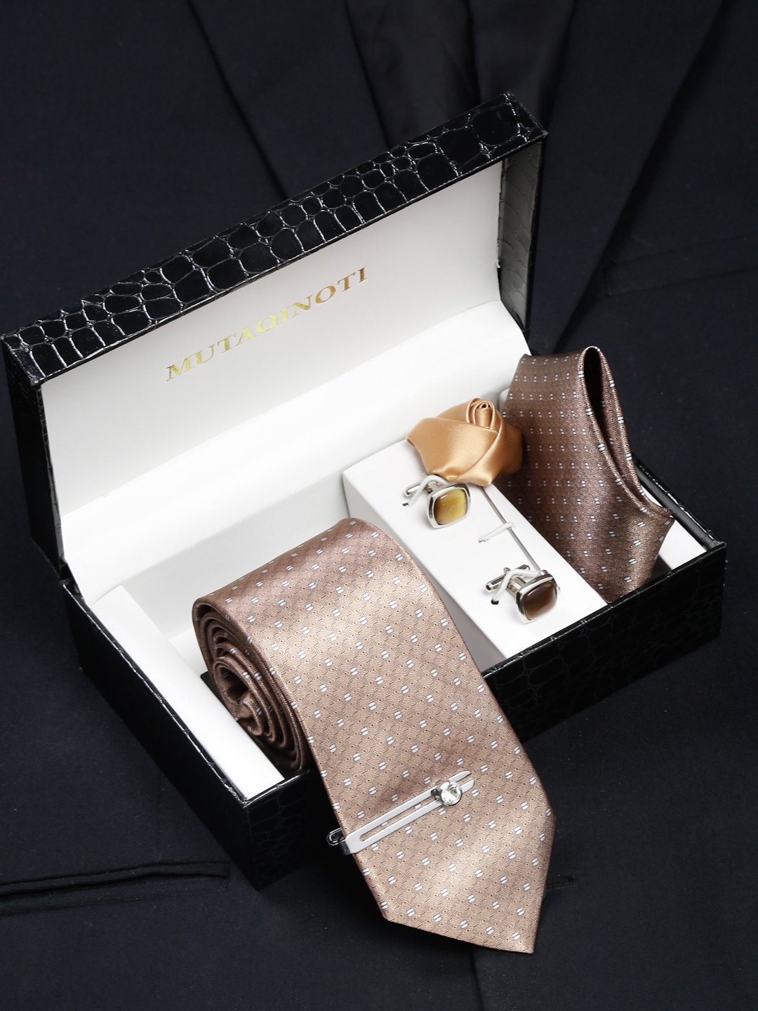 

MUTAQINOTI Men Textured Necktie Accessory Gift Set, Brown