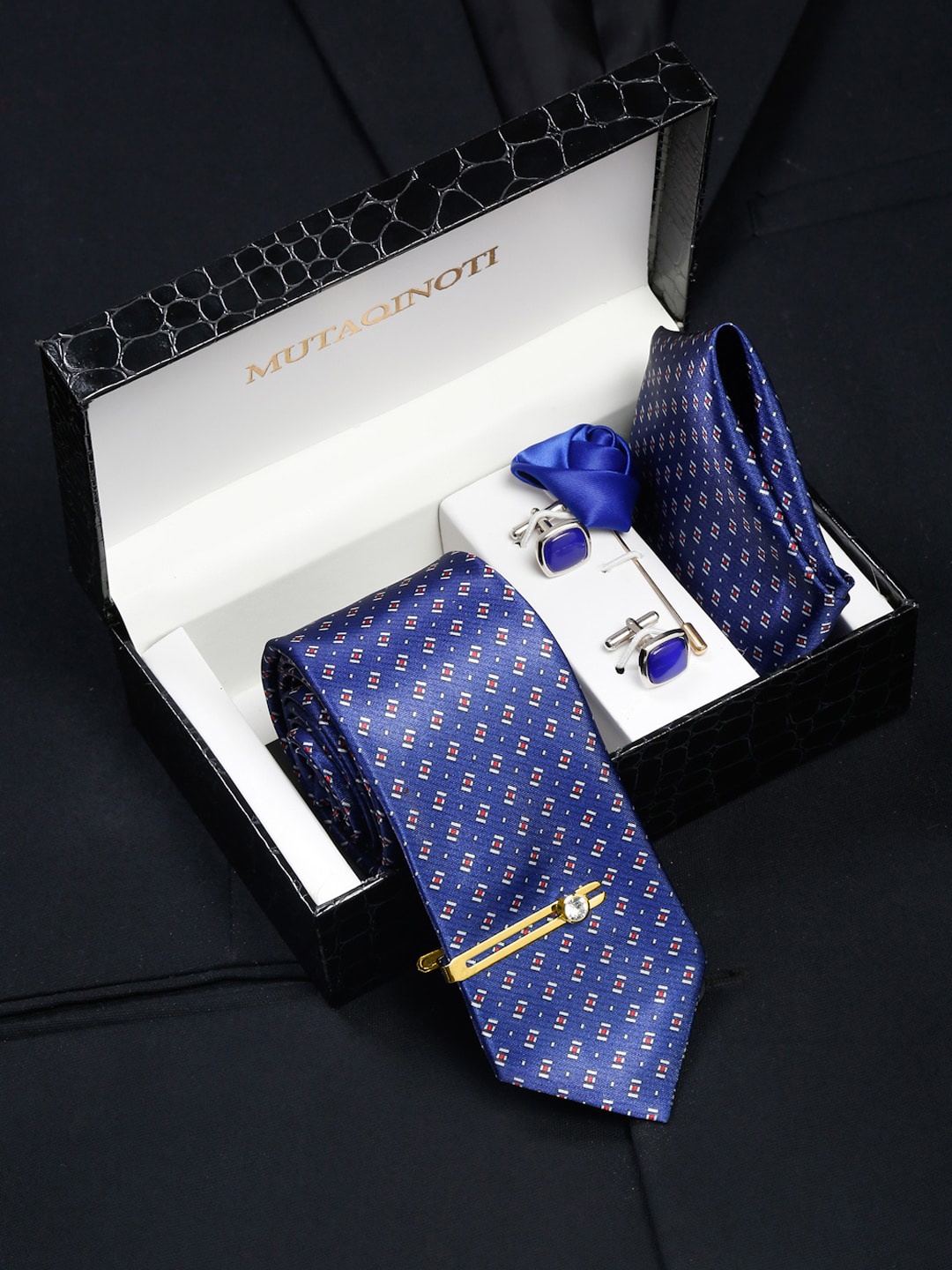 

MUTAQINOTI Men Square Blue Silk Blend Necktie Accessory Gift Set
