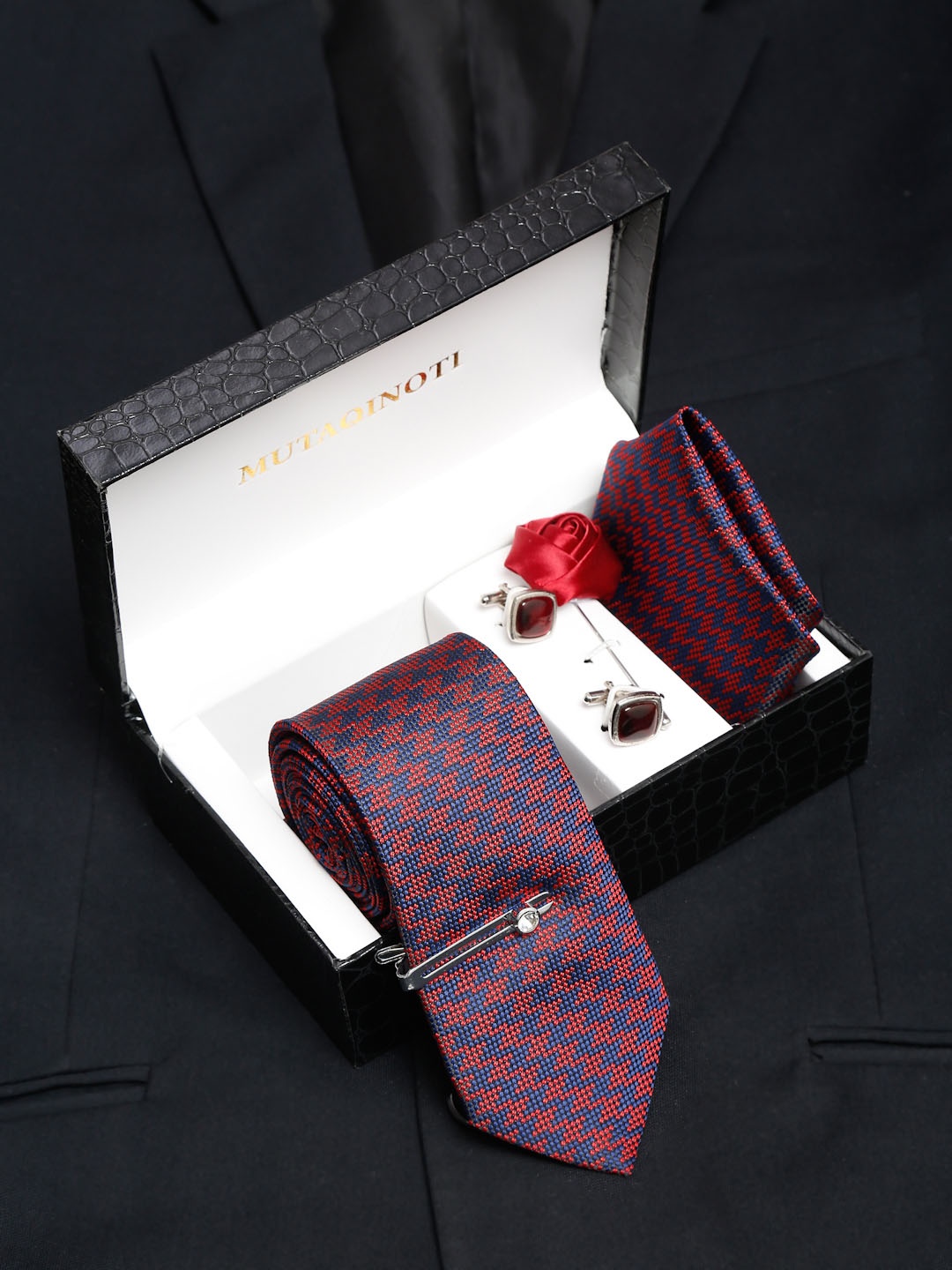 

MUTAQINOTI Men Ethnic Silk Necktie Accessory Gift Set, Red