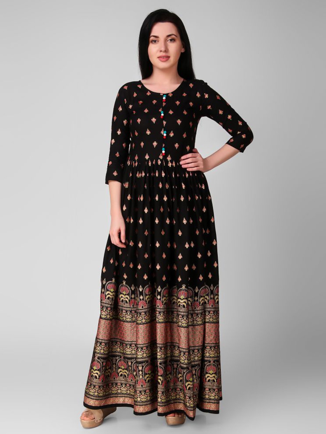 

PURSHOTTAM WALA Black & Pink Ethnic Motifs Ethnic Maxi Dress