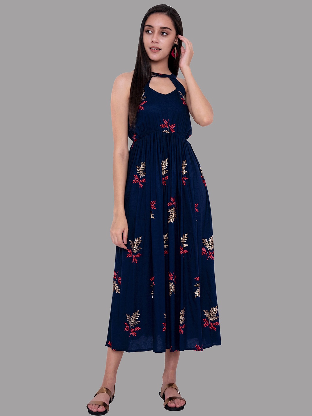 

PURSHOTTAM WALA Women Blue Floral Halter Neck Midi Dress