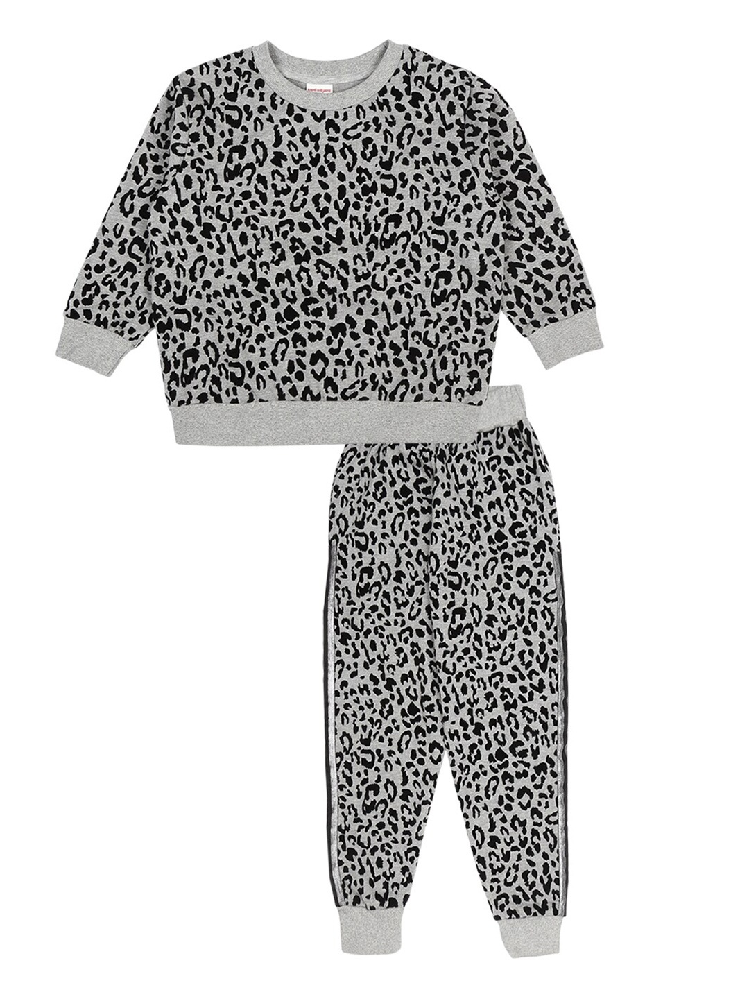 

RAINE AND JAINE Girls Grey Melange & Black Printed Pure Cotton T-shirt with Trousers