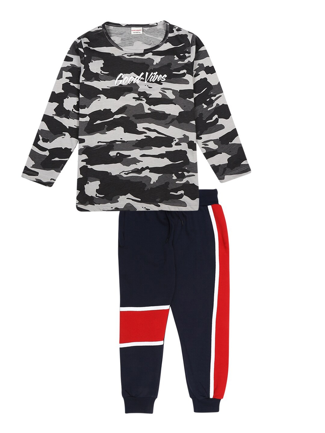 

RAINE AND JAINE Boys Grey & Navy Blue Printed Pure Cotton T-shirt with Trousers