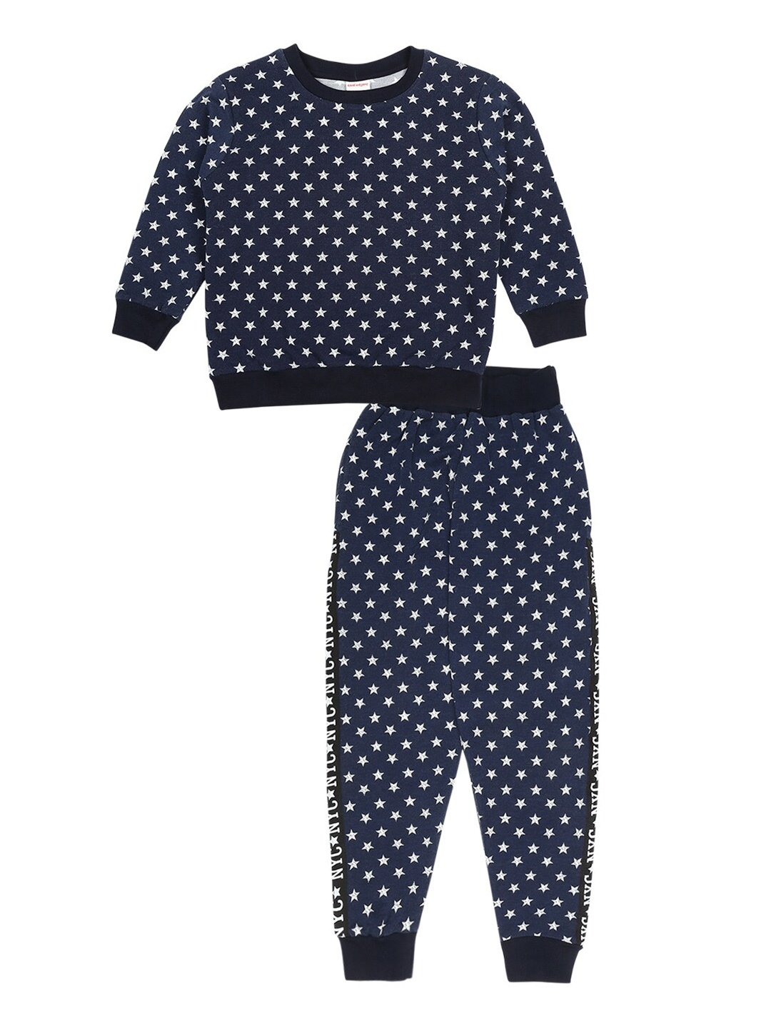 

RAINE AND JAINE Boys Navy Blue & White Printed Pure Cotton T-shirt with Trousers