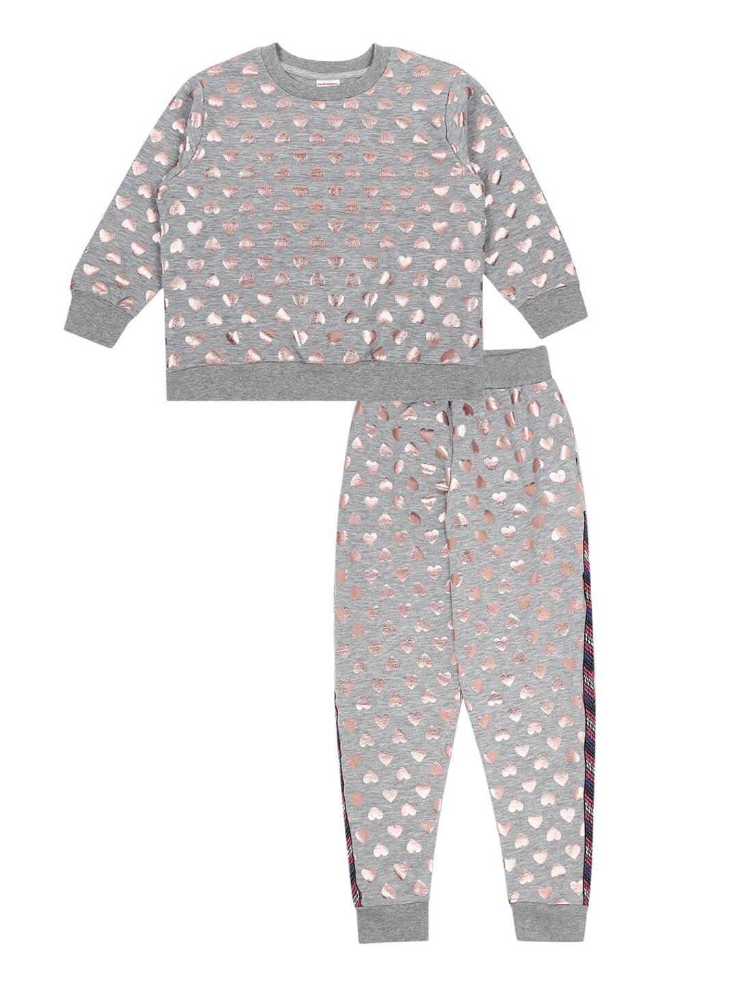 

RAINE AND JAINE Girls Grey Melange & Gold-Toned Printed Pure Cotton T-shirt with Trousers