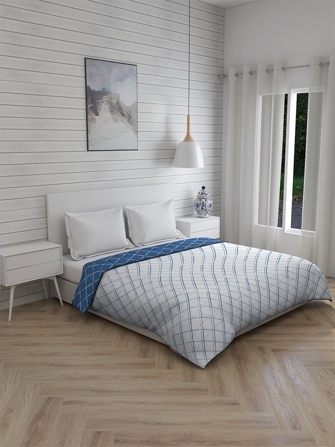 

Layers bologna White & Blue Checked 150 GSM Double Pure Cotton Bed Comforter