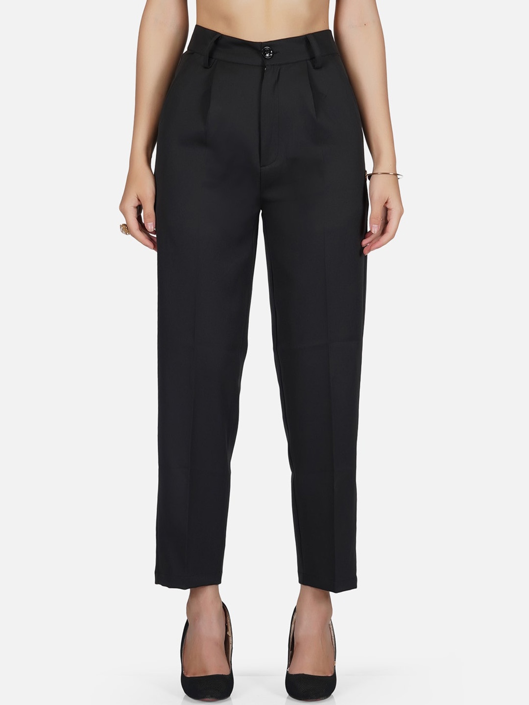 

Tinted Women Black Pencil High-Rise Pleated Trousers