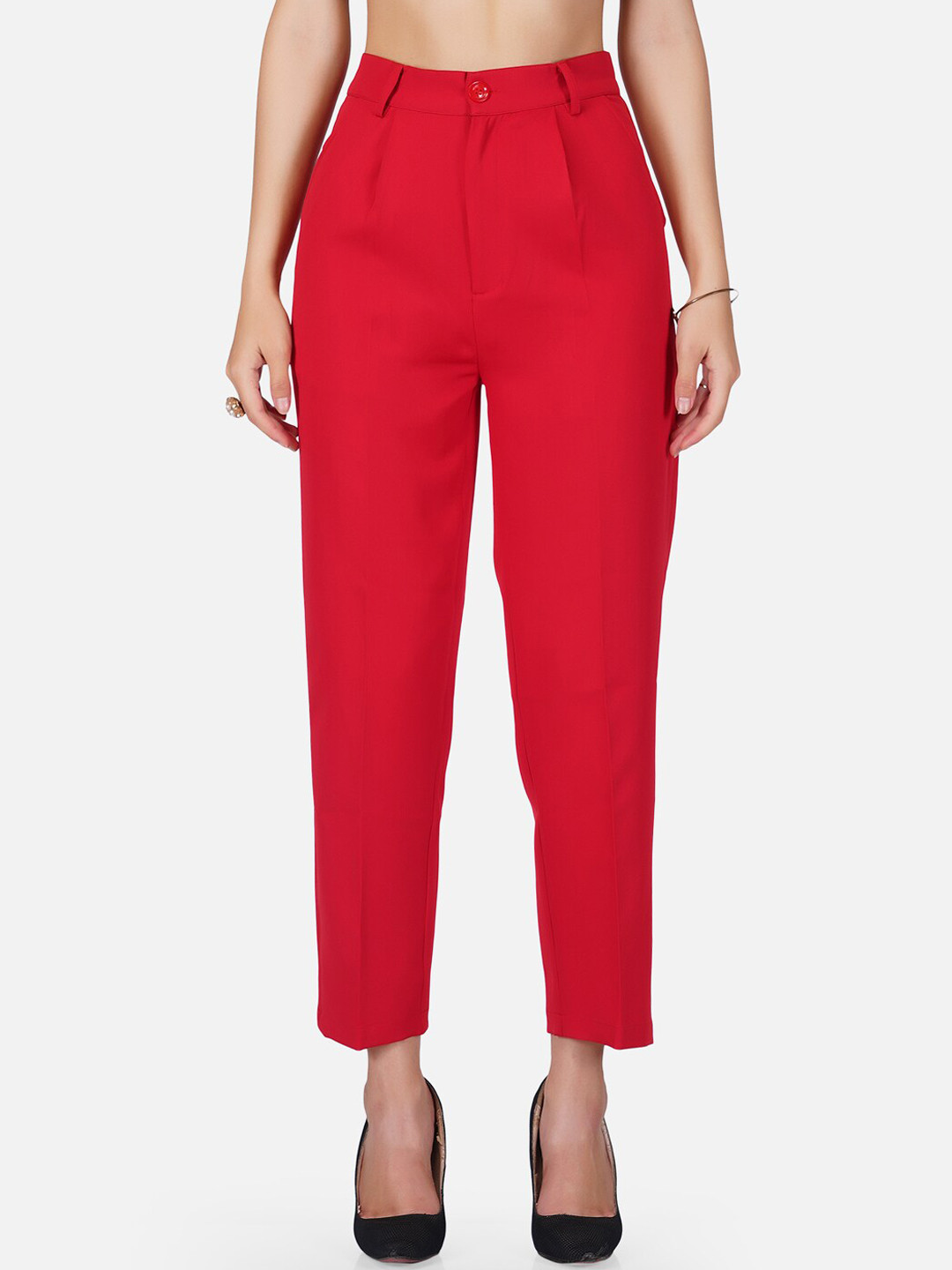 

Tinted Women Red Pencil High-Rise Pleated Trousers