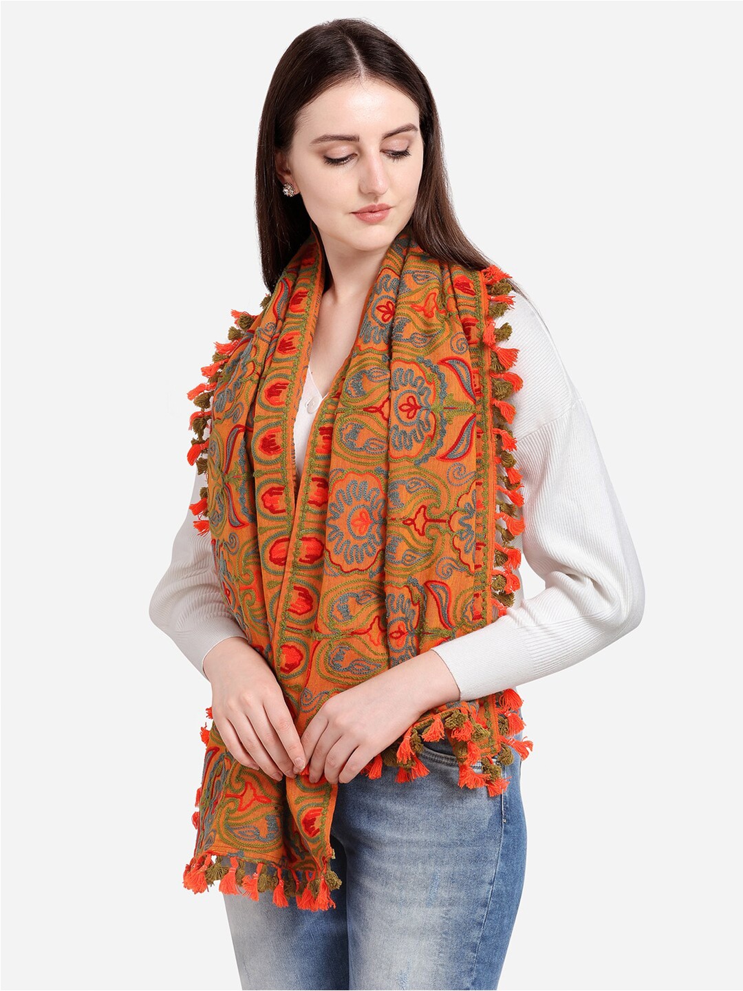 

MESMORA FASHION Women Orange & Green Embroidered Stole