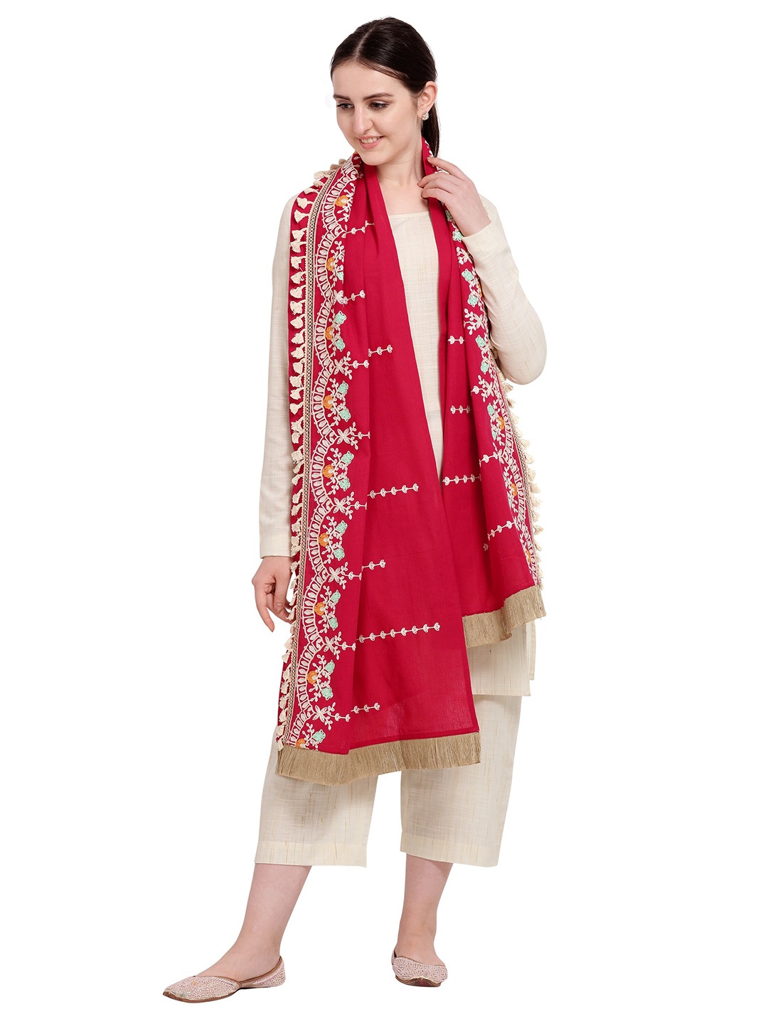 

MESMORA FASHION Red & White Embroidered Cotton Stole