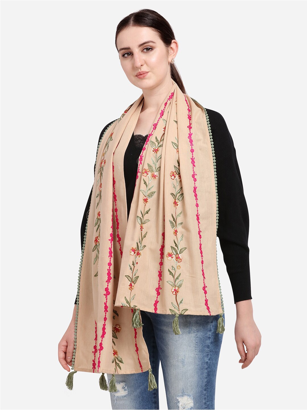 

MESMORA FASHION Beige & Green Embroidered Cotton Stole
