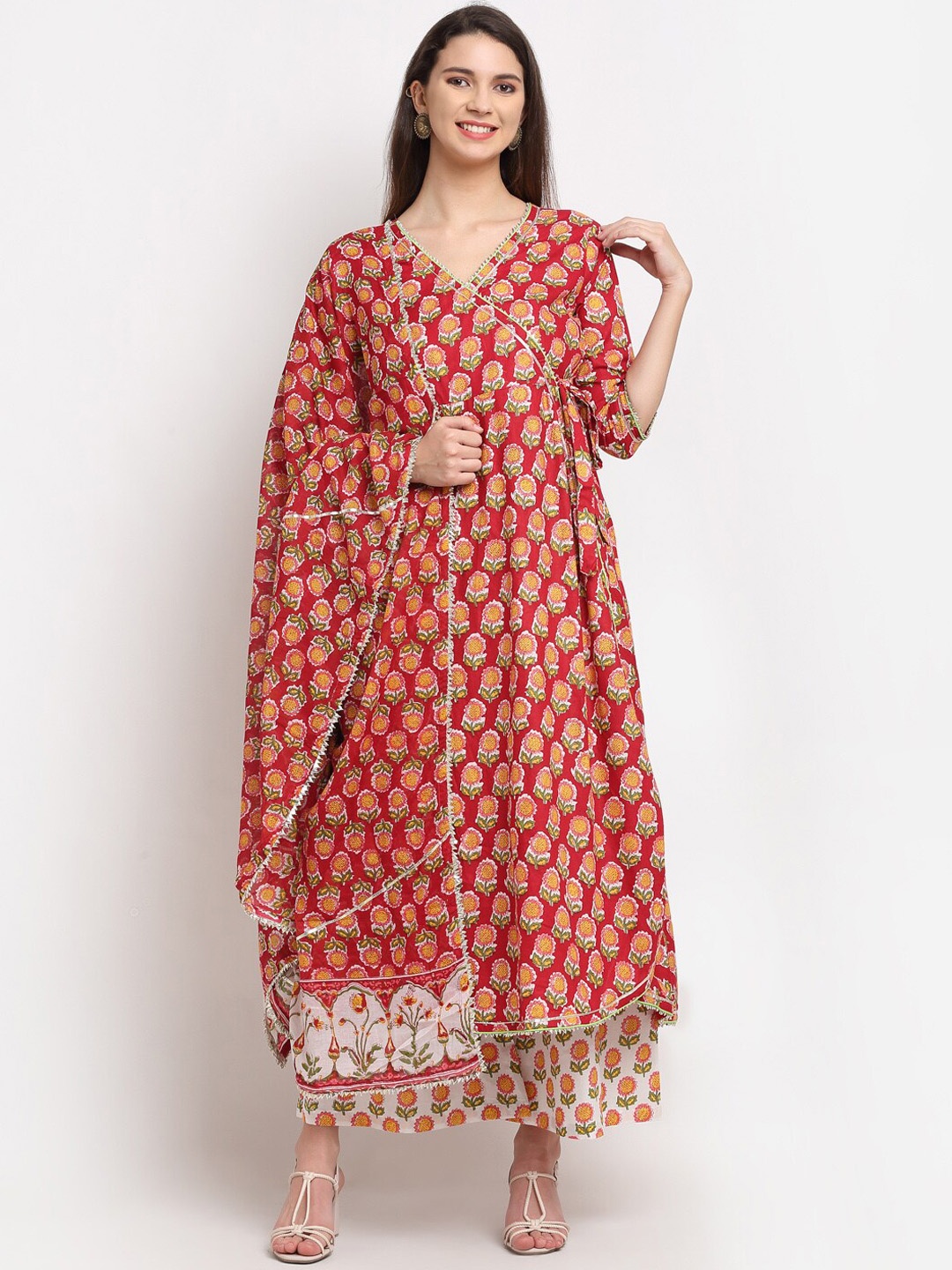 

Rudra Bazaar Red Floral Printed Angrakha Kurta with Palazzos & With Dupatta