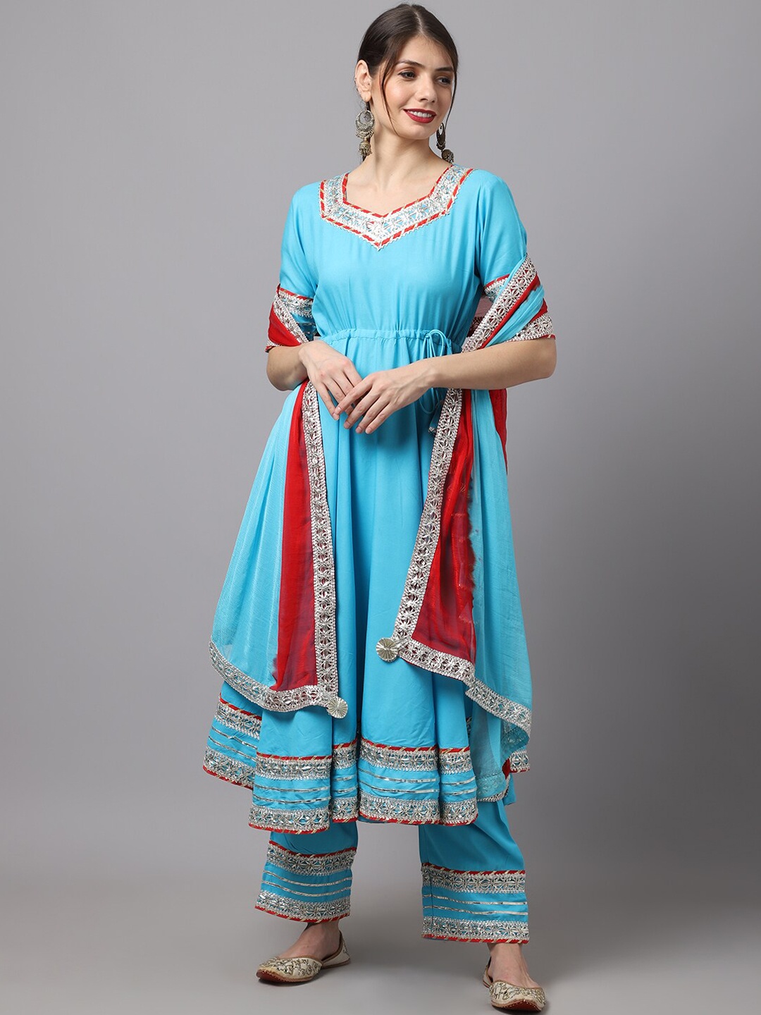 

Rudra Bazaar Women Blue Angrakha Thread Work Kurta with Trousers & With Dupatta