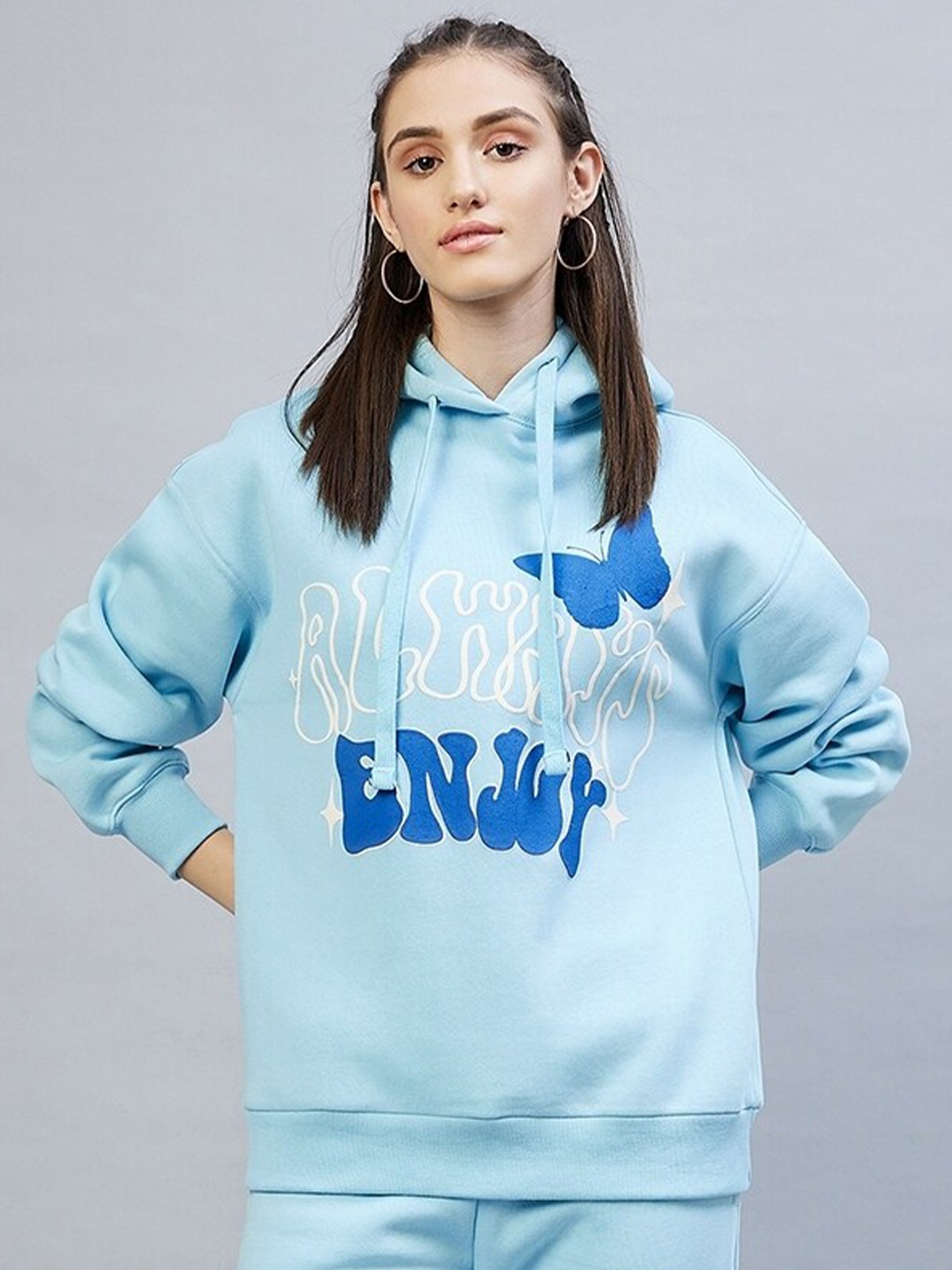 

DELAN Women Blue & White Printed Fleece Hooded Sweatshirt
