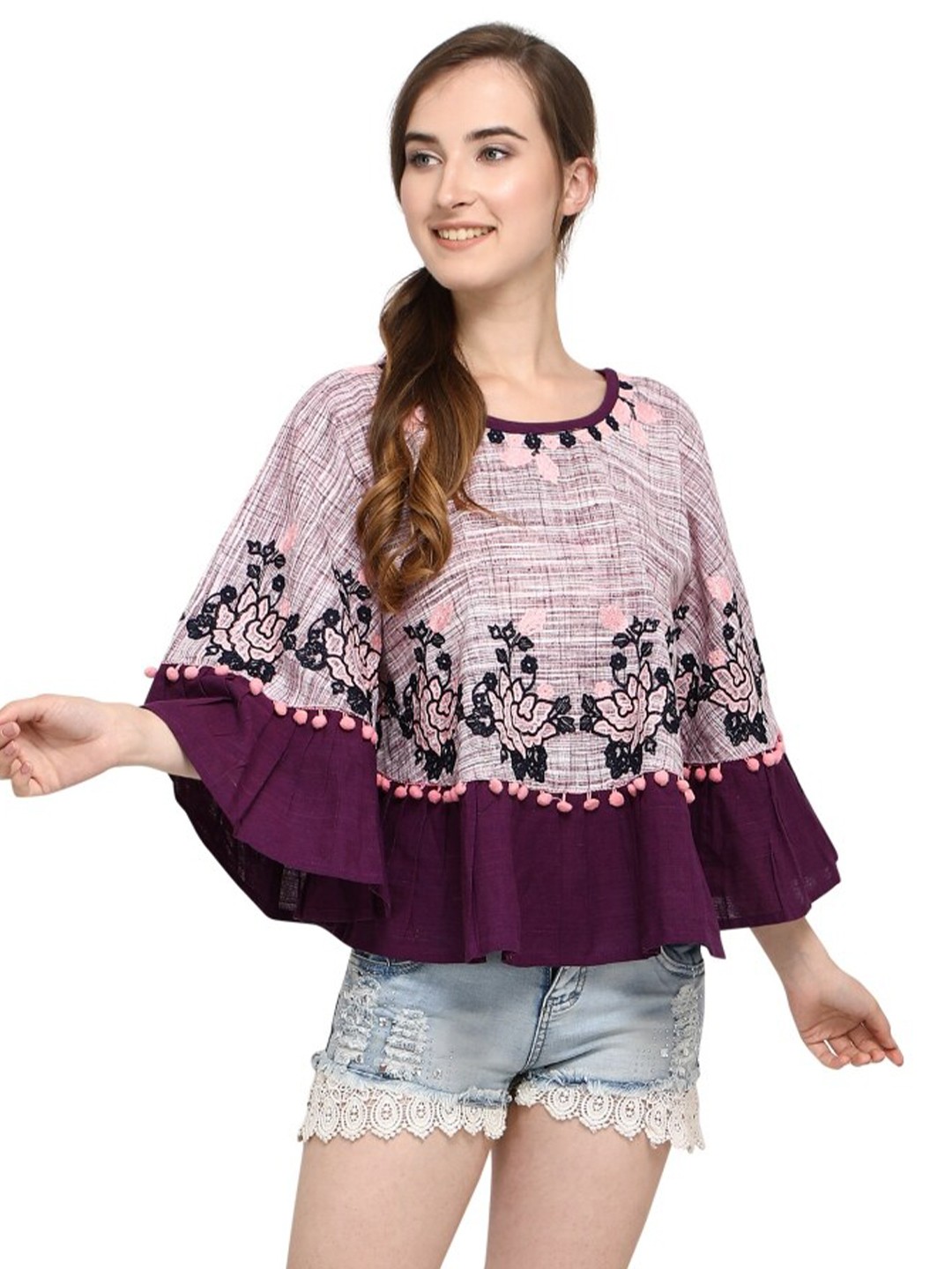 

MESMORA FASHION Women Purple & Pink Floral Cotton Poncho with Embroidered Detail